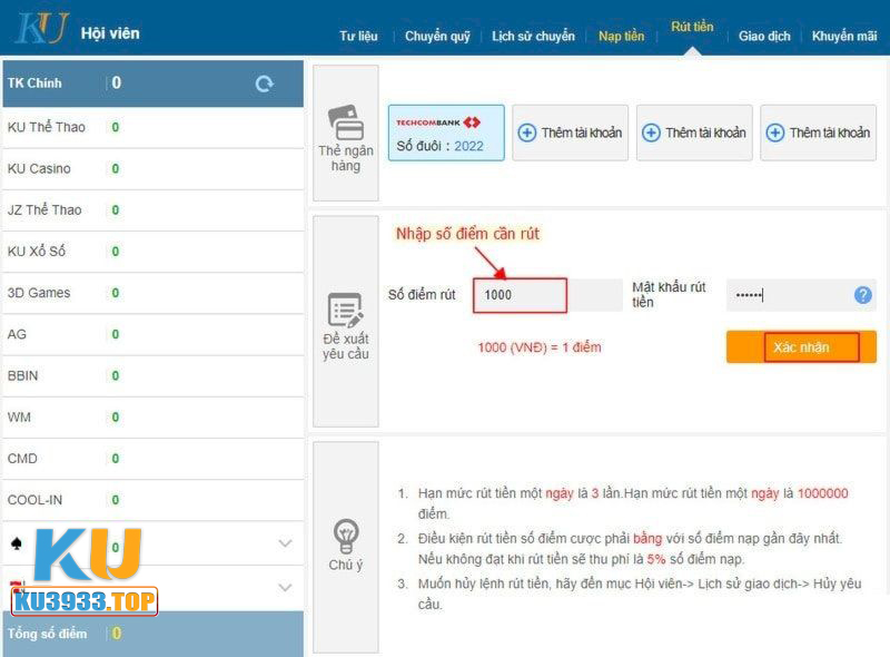 Cách thức rút tiền KU3933 về tài khoản bank